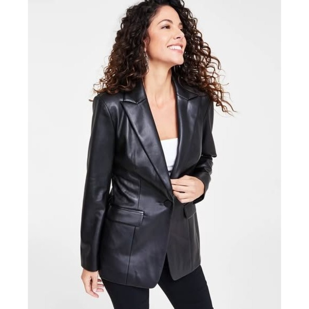 Automet‎ Black Faux Leather Button Blazer Jacket Size S